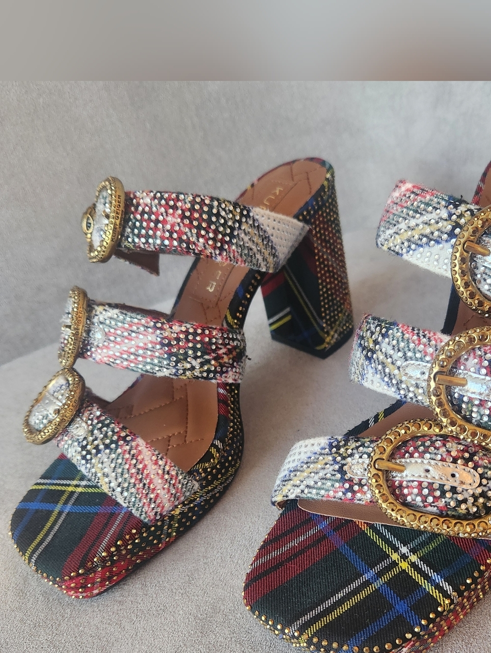 Kurt Geiger Heeled Mules 10 Plaid Mayfair Buckle Chunky Platform Sandal New $245 - Picture 9 of 16
